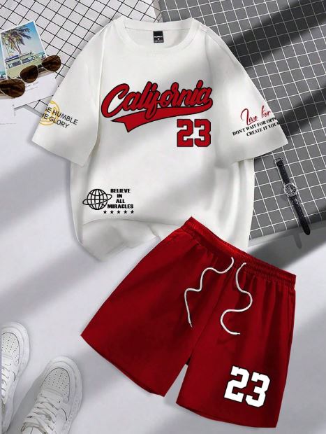 Set de 2 piezas para hombre: camiseta estampada y shorts con cordón.