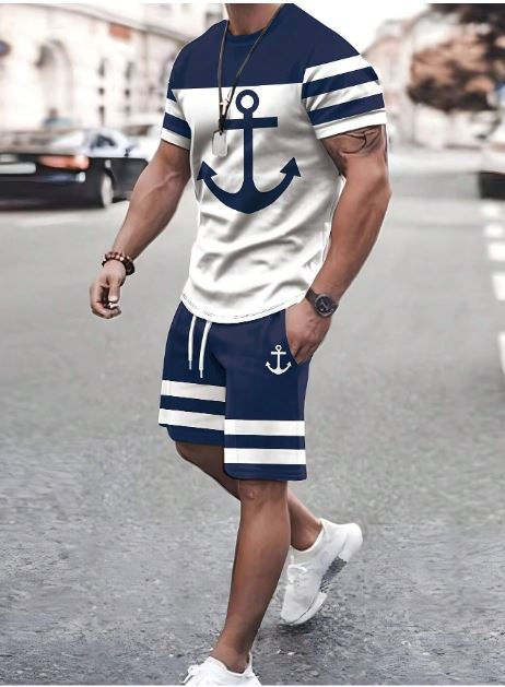 Conjunto de verano para hombre de 2 piezas con estampado de ancla.