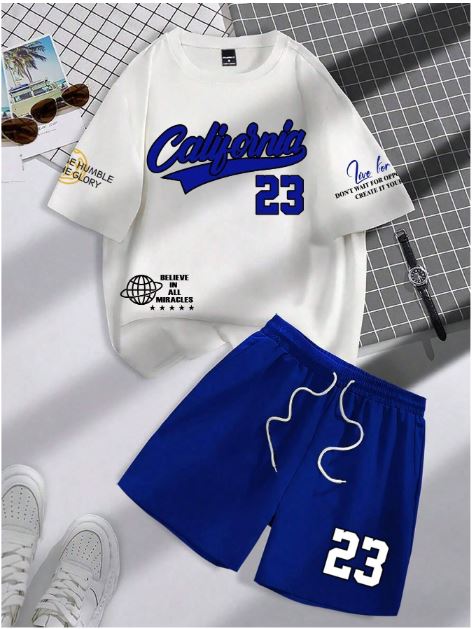 Set de 2 piezas para hombre: camiseta estampada y shorts con cordón